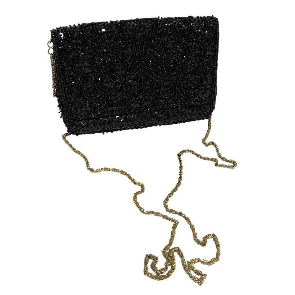 Vintage La Regale black beads & sequins evening bag converts to clutch purse